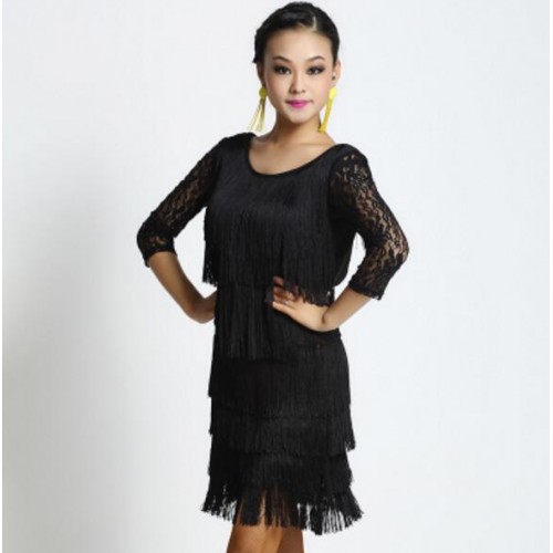 Latin dance clothes sexy top and skirt middle long sleeves latin dance dress women winter clothes latin stage wear tassel dress